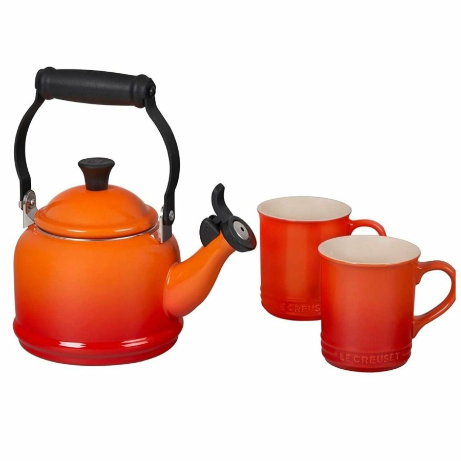 Glassware & Tabletop * | Le Creuset 1.25 Qt. Demi Kettle Tea Pot + 2 14Oz Mugs Set | Flame Orange