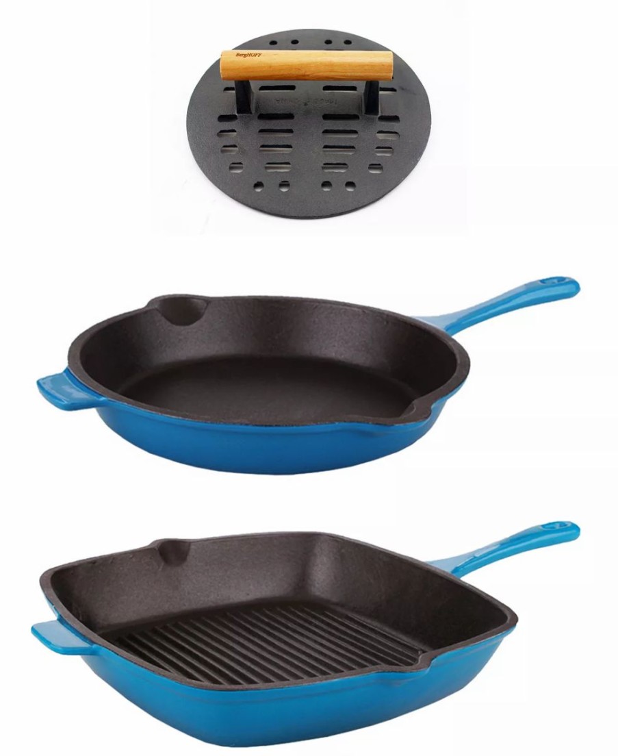 Kitchen * | Berghoff Neo Cast Iron Fry Pan, Grill Pan And Slotted Steak Press, Set Of 3 Blue, Black