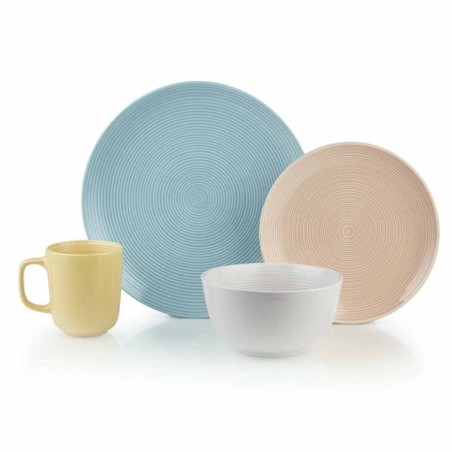 Glassware & Tabletop * | Everything Kitchens Modern Colorful Neutrals Rippled 16-Piece Dinnerware Set Glazed | Blue, Blush Pink, Dusty Purple, Butter Yellow