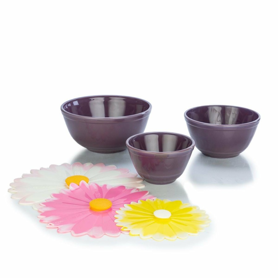 Cooks' Tools * | Mosser Glass Mixing Bowl Set With Silicone Lids | Eggplant & Daisies