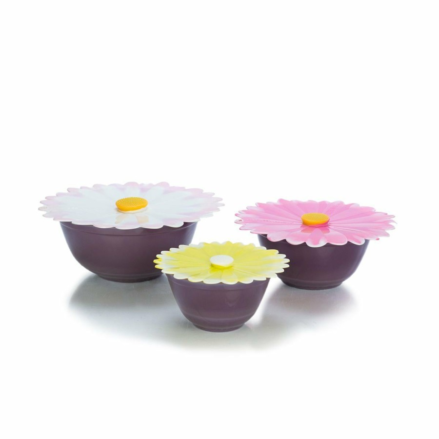 Cooks' Tools * | Mosser Glass Mixing Bowl Set With Silicone Lids | Eggplant & Daisies