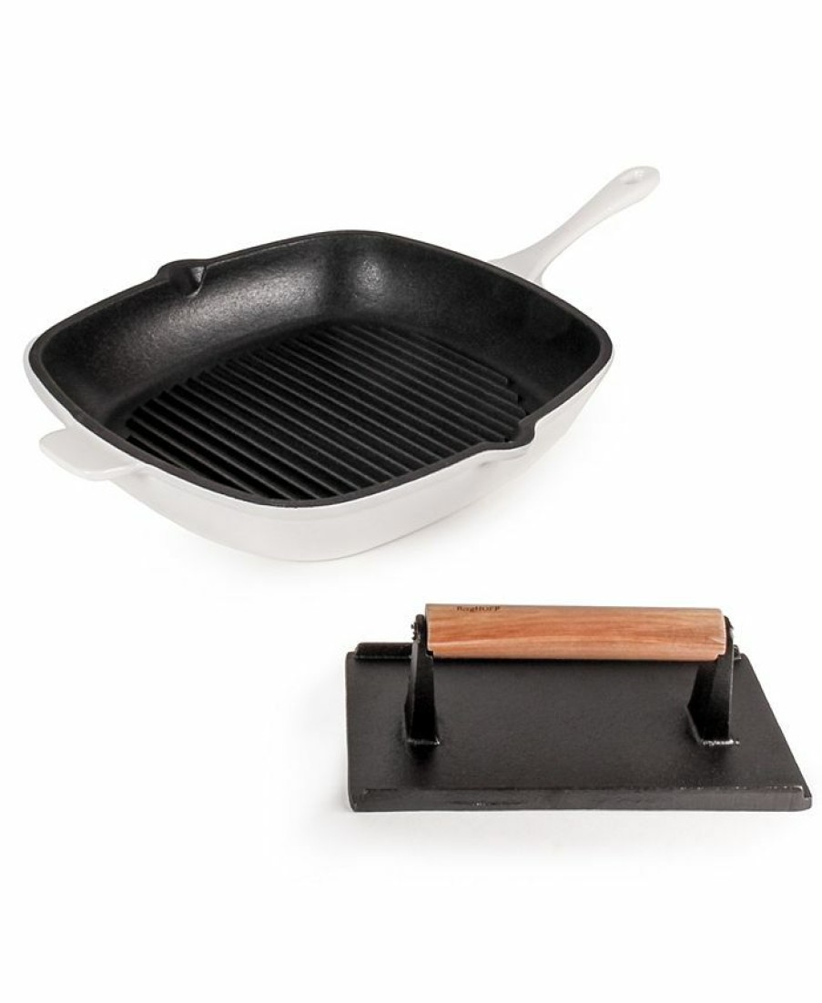 Kitchen * | Berghoff Neo Cast Iron Grill Pan And Bacon, Steak Press, Set Of 2 White