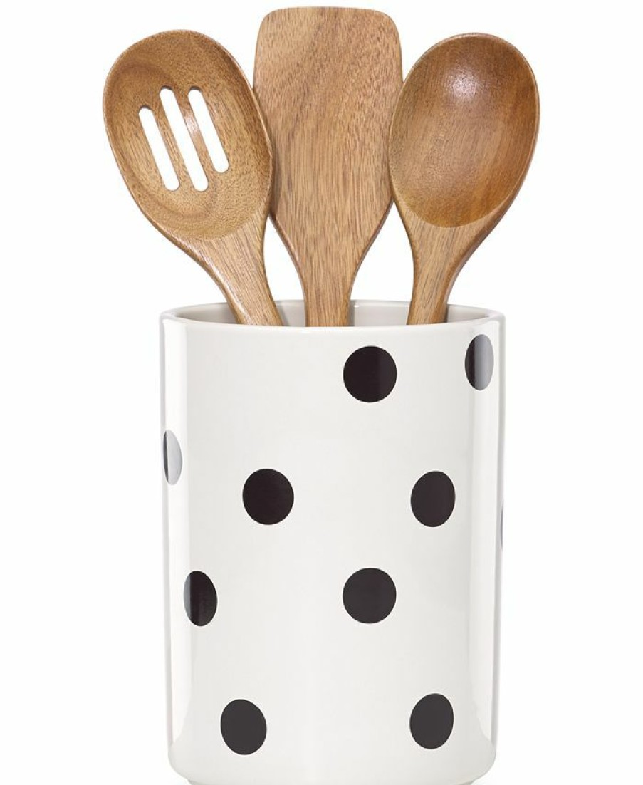 Kitchen * | Kate Spade Closeout! New York All In Good Taste Deco Dot Utensil Crock And Wooden Utensils White