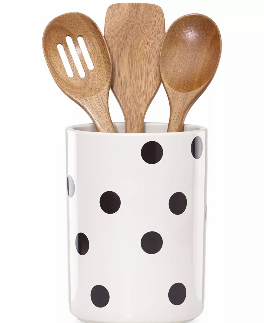 Kitchen * | Kate Spade Closeout! New York All In Good Taste Deco Dot Utensil Crock And Wooden Utensils White