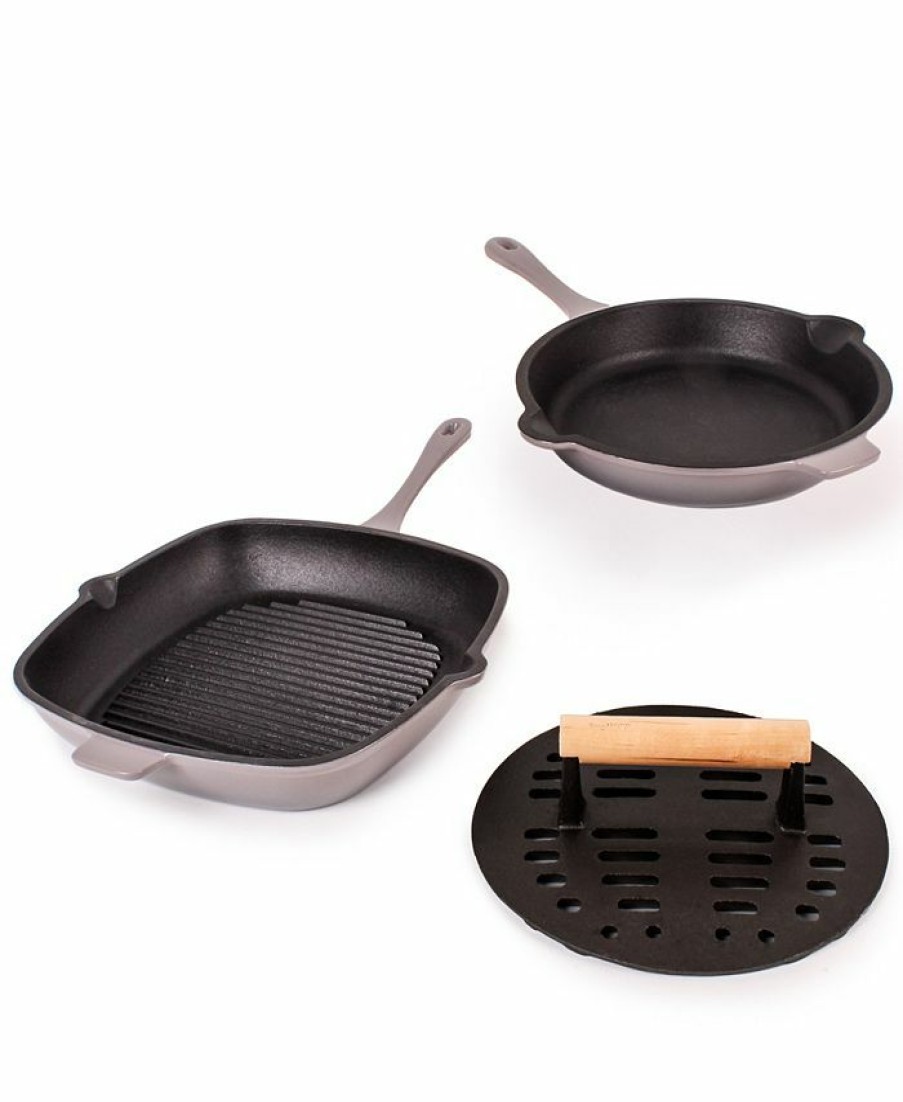 Kitchen * | Berghoff Neo Cast Iron Fry Pan, Grill Pan And Slotted Steak Press, Set Of 3 Gray