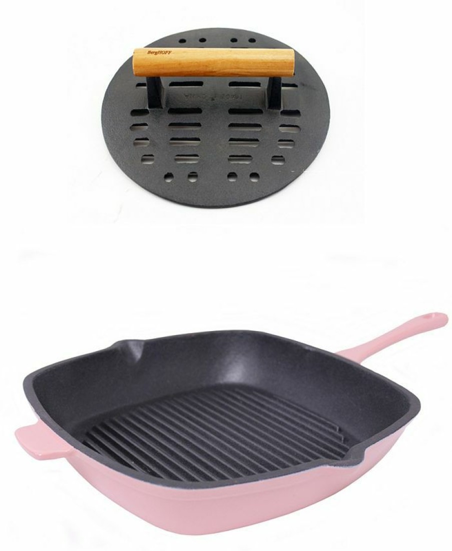 Kitchen * | Berghoff Neo Cast Iron 11 Grill Pan With Slotted Steak Press, Set Of 2 Pink