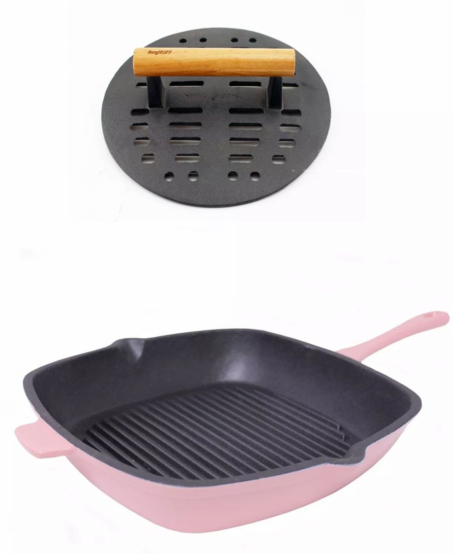 Kitchen * | Berghoff Neo Cast Iron 11 Grill Pan With Slotted Steak Press, Set Of 2 Pink