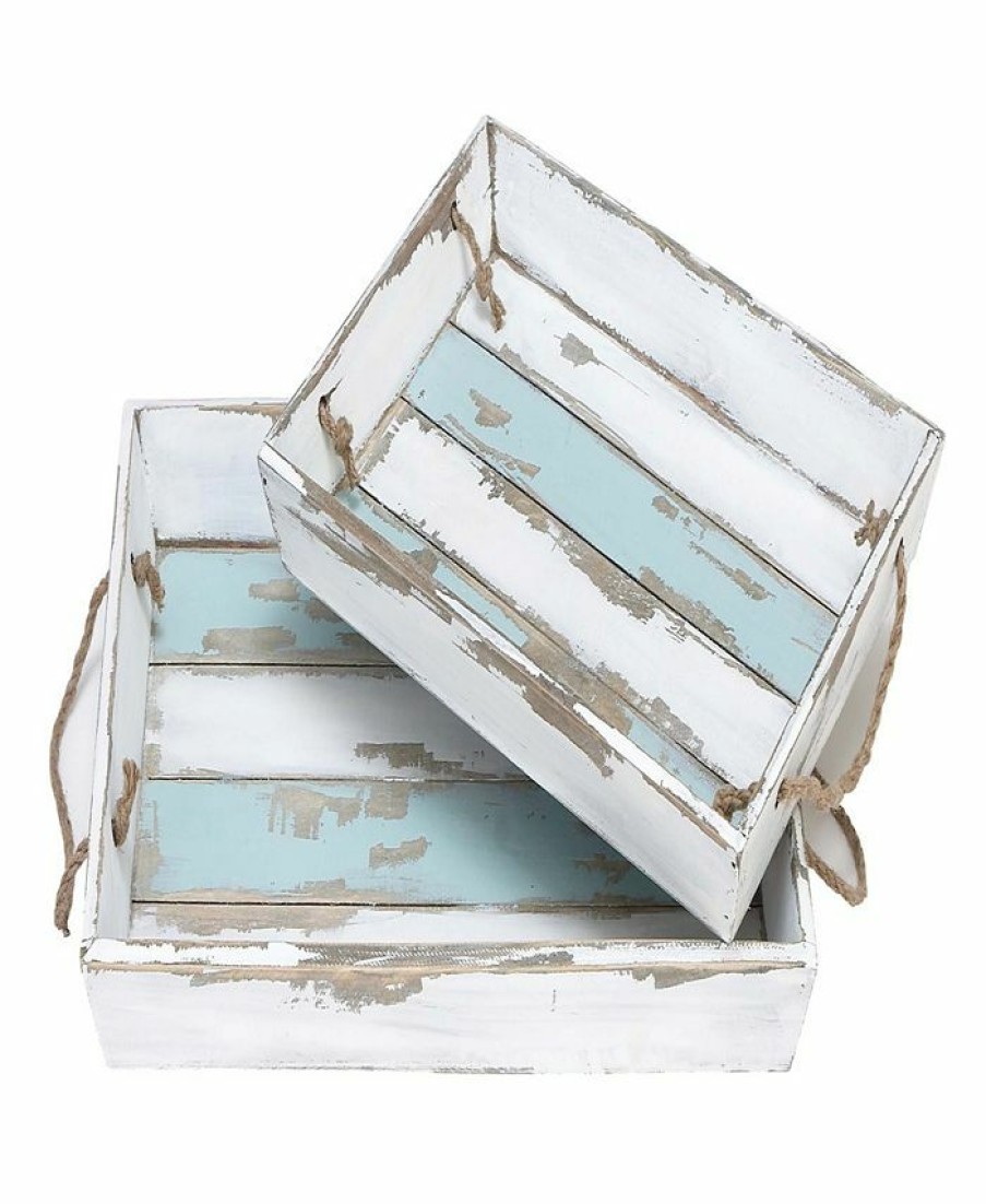 Misc_Gifts * | Rosemary Lane Wood Tray With Blue Stripe, Set Of 2, 18, 15 W White