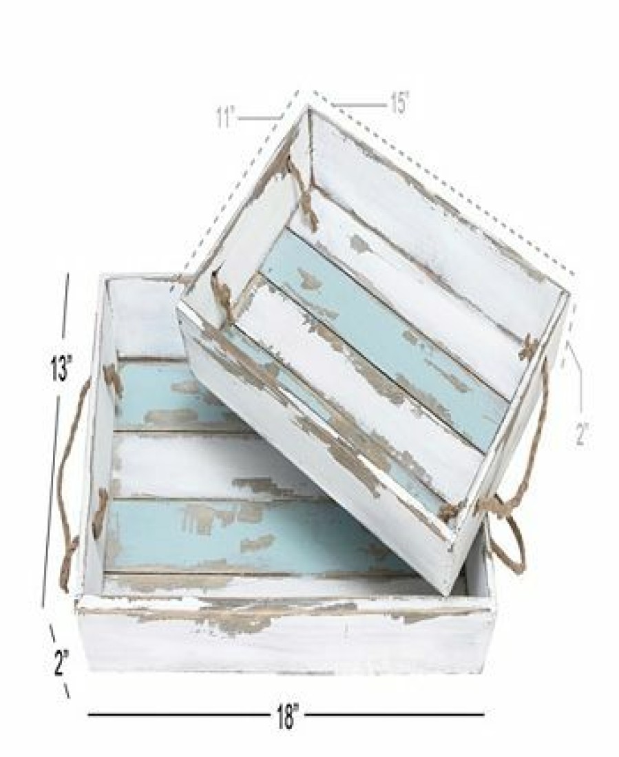 Misc_Gifts * | Rosemary Lane Wood Tray With Blue Stripe, Set Of 2, 18, 15 W White