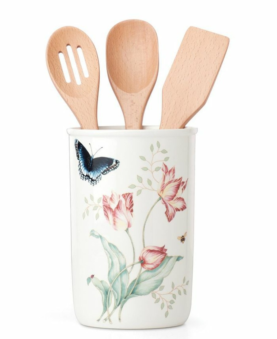 Kitchen * | Lenox Butterfly Meadow Kitchen Jar With Utensils, Created For Macy'S White Body W/Pastel Floral And Botanical Design