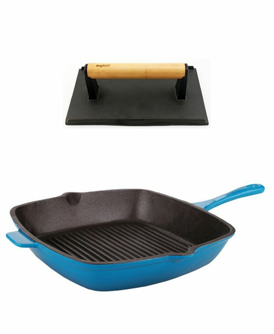 Kitchen * | Berghoff Neo Cast Iron Grill Pan And Bacon, Steak Press, Set Of 2 Blue