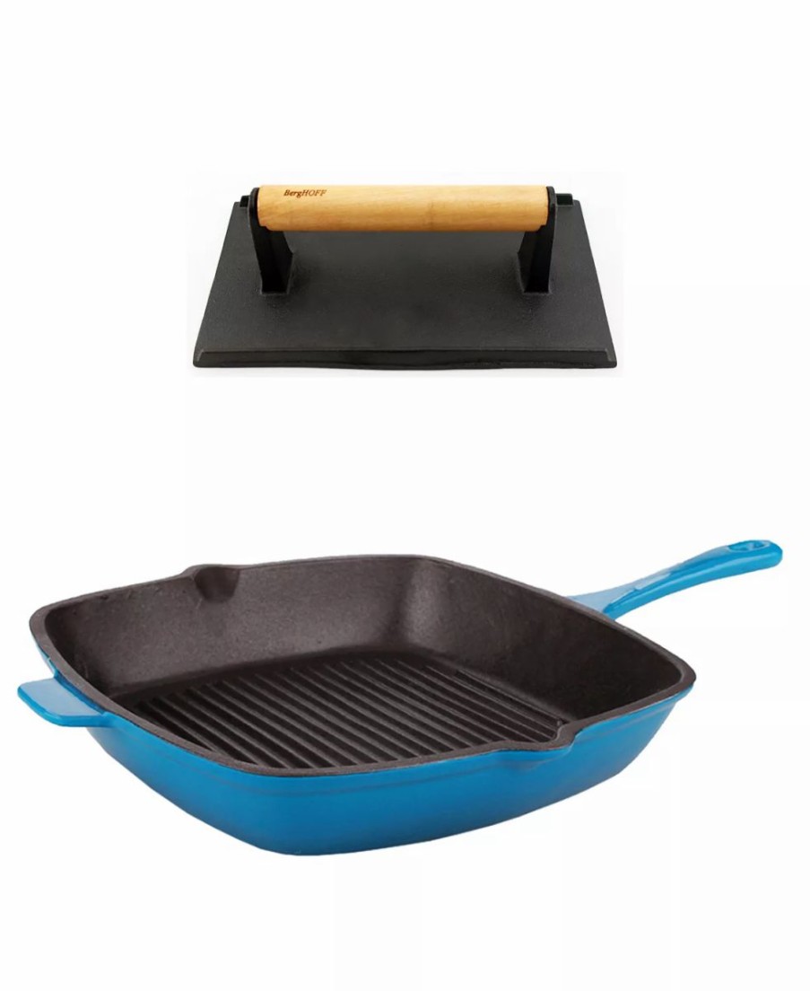 Kitchen * | Berghoff Neo Cast Iron Grill Pan And Bacon, Steak Press, Set Of 2 Blue