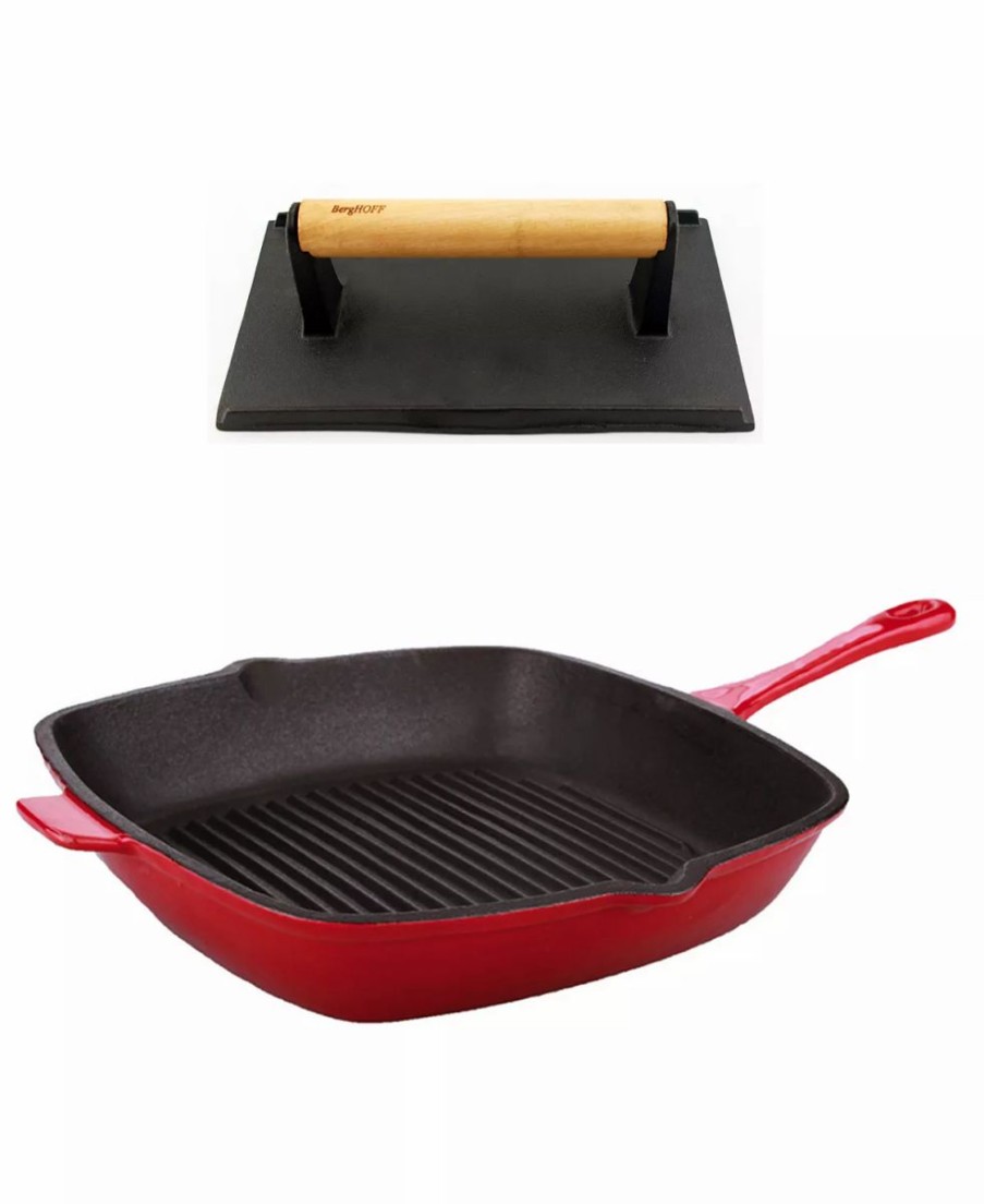 Kitchen * | Berghoff Neo Cast Iron Grill Pan And Bacon, Steak Press, Set Of 2 Red