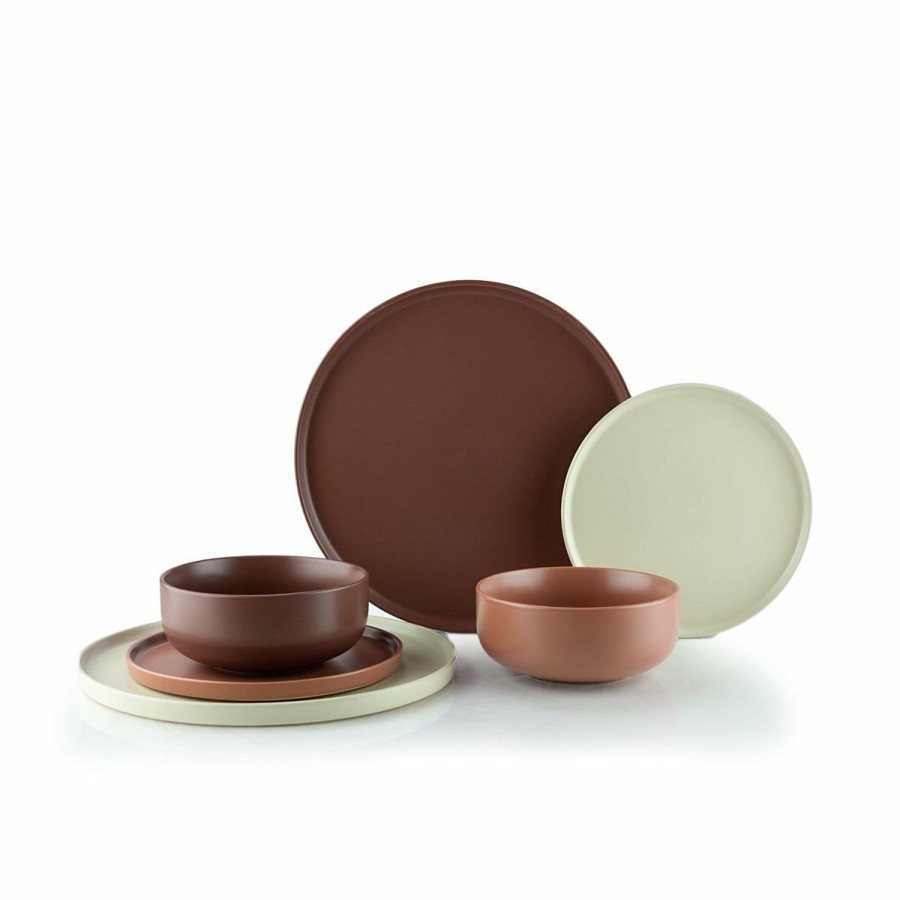 Glassware & Tabletop * | Everything Kitchens Modern Flat 24-Piece Dinnerware Set | Beige, Terracotta, Brown