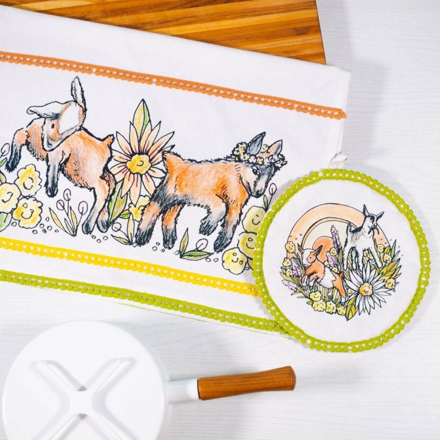 Glassware & Tabletop * | Everything Kitchens Barnyard Baby Animals 19 X 28 Tea Towel | "Caprine Caper Goats" Kid