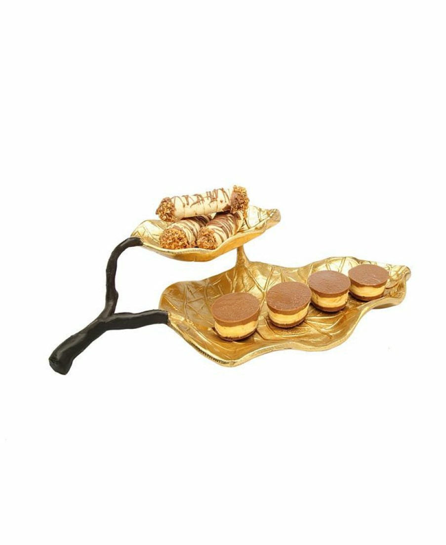 Misc_Gifts * | Classic Touch 2 Tier Leaf Shaped Dish With Engraved Vein Design Gold