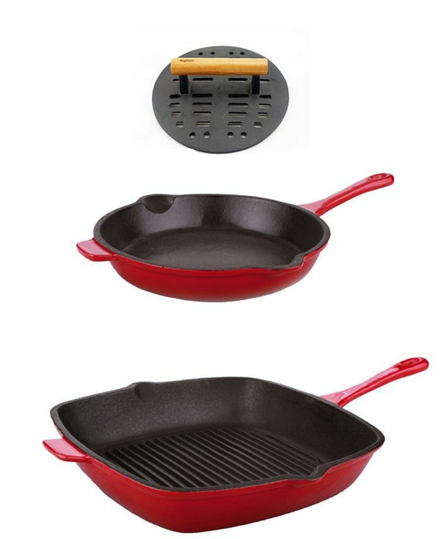 Kitchen * | Berghoff Neo Cast Iron Fry Pan, Grill Pan And Slotted Steak Press, Set Of 3 Red, Black