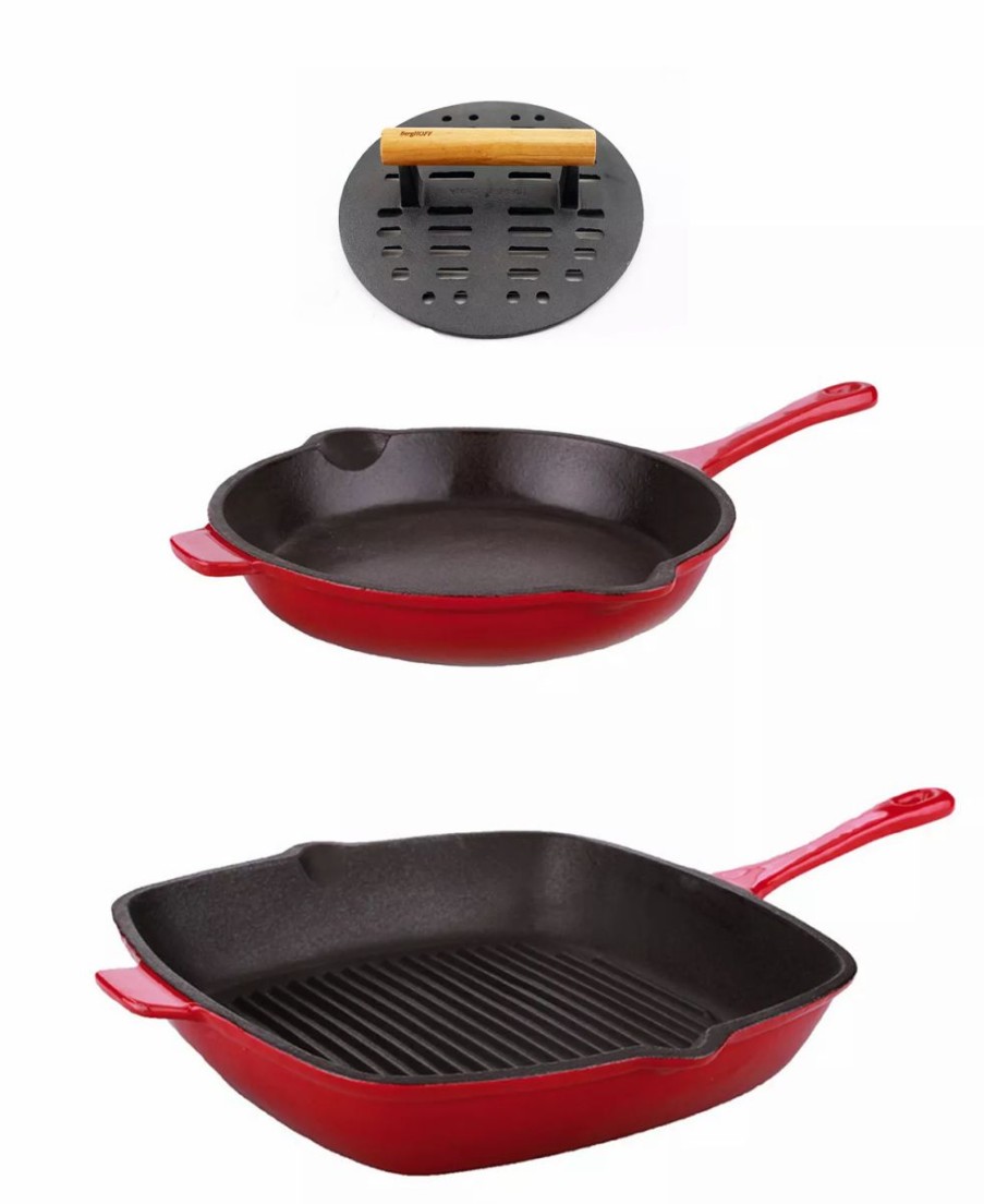 Kitchen * | Berghoff Neo Cast Iron Fry Pan, Grill Pan And Slotted Steak Press, Set Of 3 Red, Black