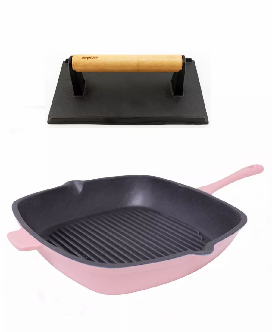 Kitchen * | Berghoff Neo Cast Iron Grill Pan And Bacon, Steak Press, Set Of 2 Pink