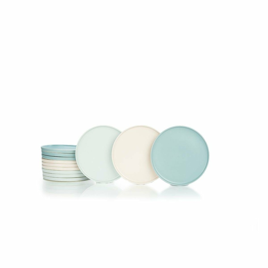 Glassware & Tabletop * | Everything Kitchens Modern Flat 12-Piece Lunch Plate Set | Soft Pink, Dusty Blue & Stone Gray