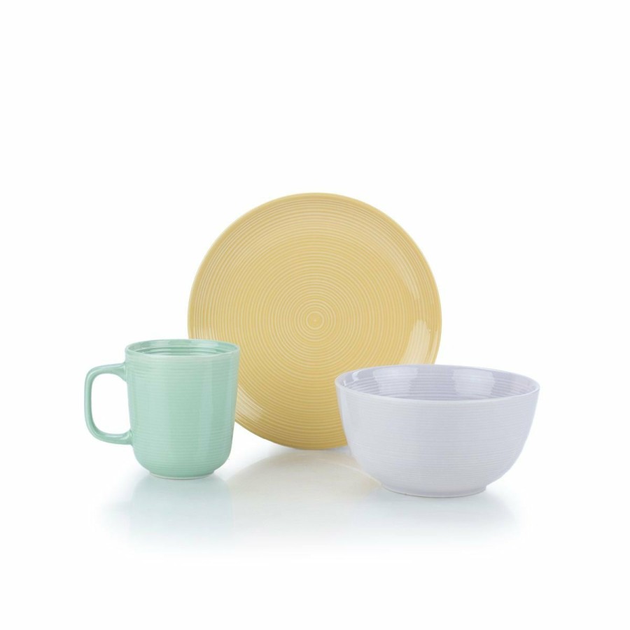 Glassware & Tabletop * | Everything Kitchens Modern Colorful Neutrals Rippled 12-Piece Breakfast Set Glazed | Butter Yellow, Dusty Purple, Light Green