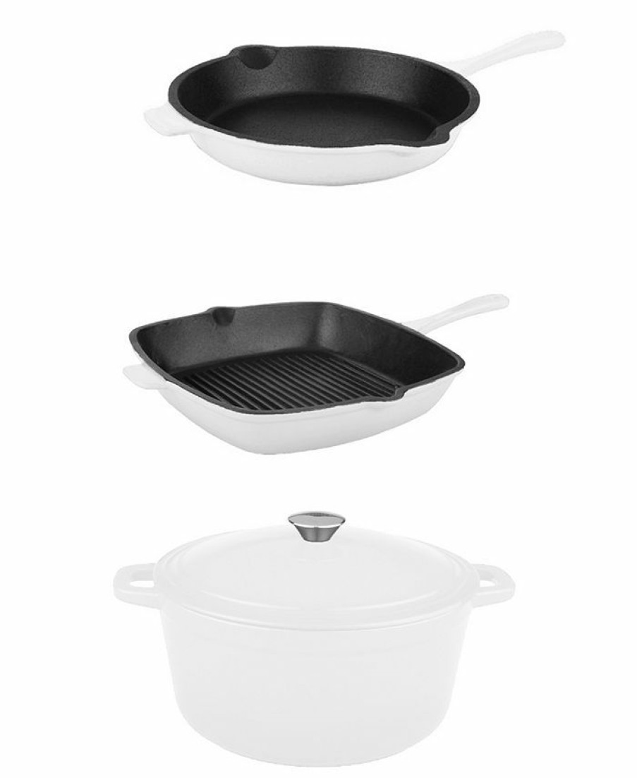 Kitchen * | Berghoff Neo Cast Iron Fry Pan, Grill Pan And 5 Quart Covered Dutch Oven, Set Of 3 White