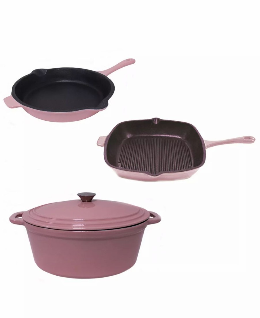 Kitchen * | Berghoff Neo Cast Iron Fry Pan, Grill Pan And 5 Quart Covered Dutch Oven, Set Of 3 Pink