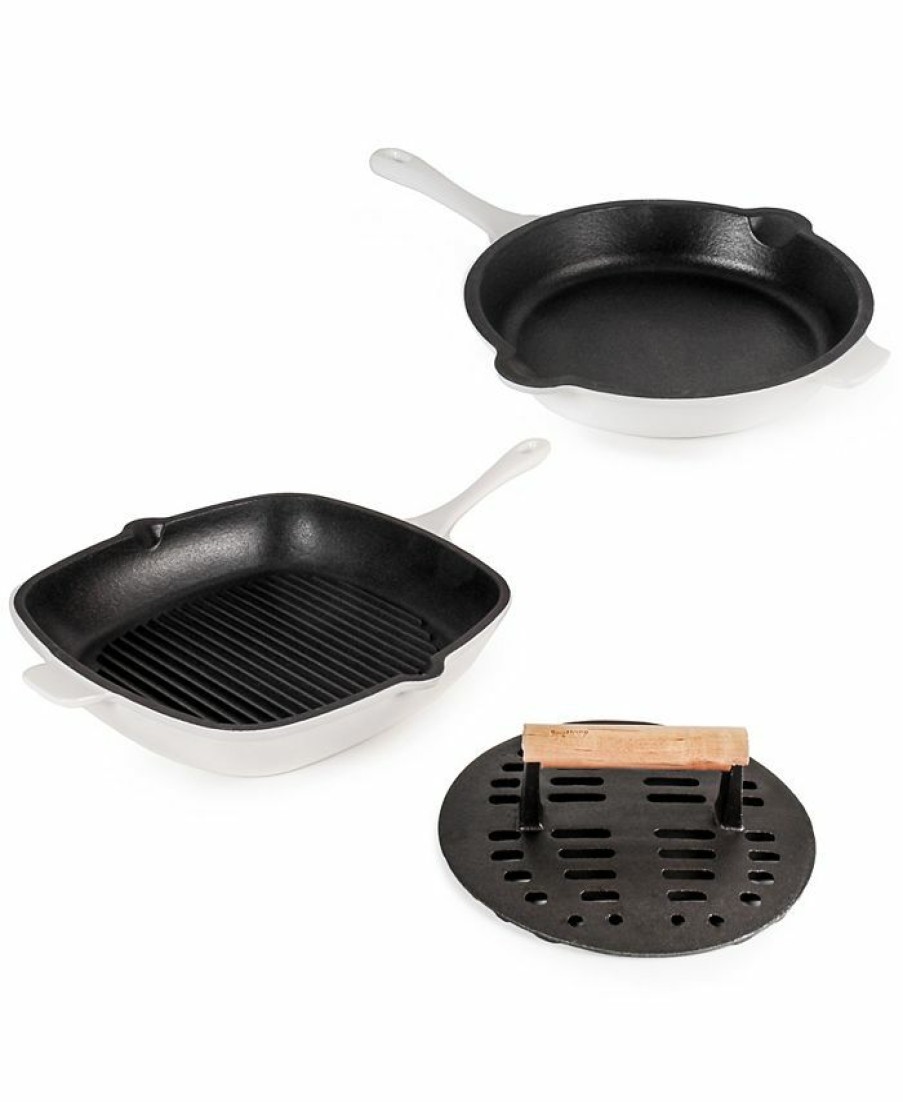 Kitchen * | Berghoff Neo Cast Iron Fry Pan, Grill Pan And Slotted Steak Press, Set Of 3 White