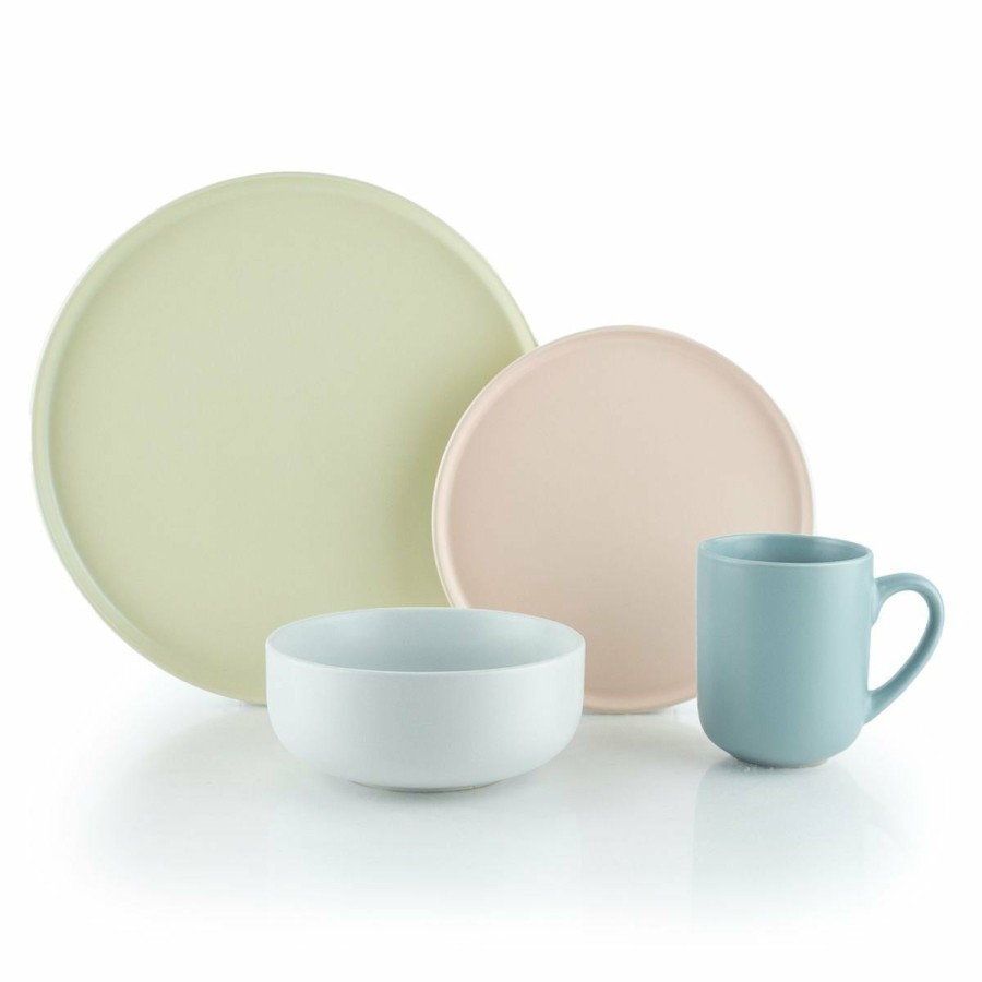 Glassware & Tabletop * | Everything Kitchens Modern Flat 16-Piece Dinnerware Set | Beige, Soft Pink, Stone Gray, Dusty Blue