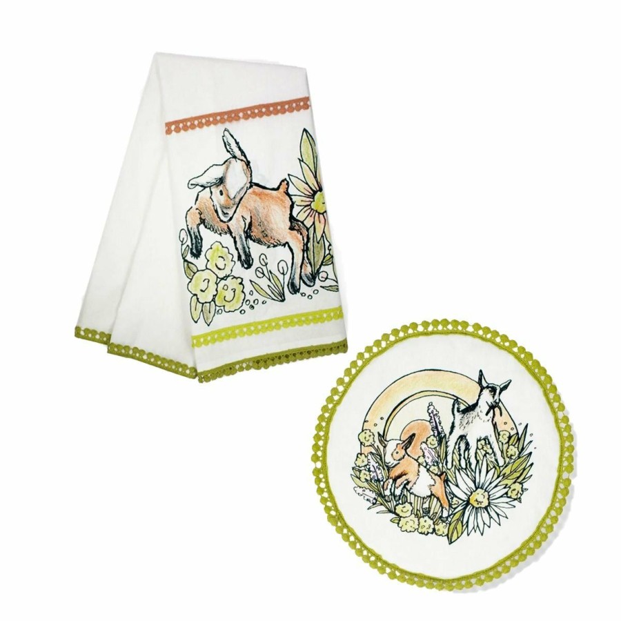 Glassware & Tabletop * | Everything Kitchens Barnyard Baby Animals Tea Towel + Pot Holder Set | "Caprine Caper Goats" Kid