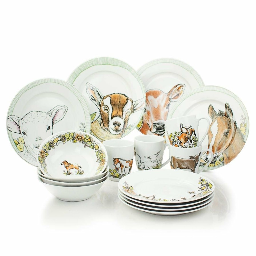 Glassware & Tabletop * | Everything Kitchens Barnyard Baby Animals 16-Piece Dinnerware Set With Mugs | Assorted