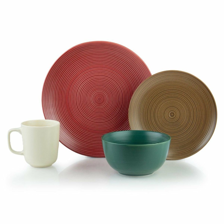 Glassware & Tabletop * | Everything Kitchens Modern Colorful Neutrals Rippled 16-Piece Dinnerware Set Matte | Red, Mocha, Green, Beige